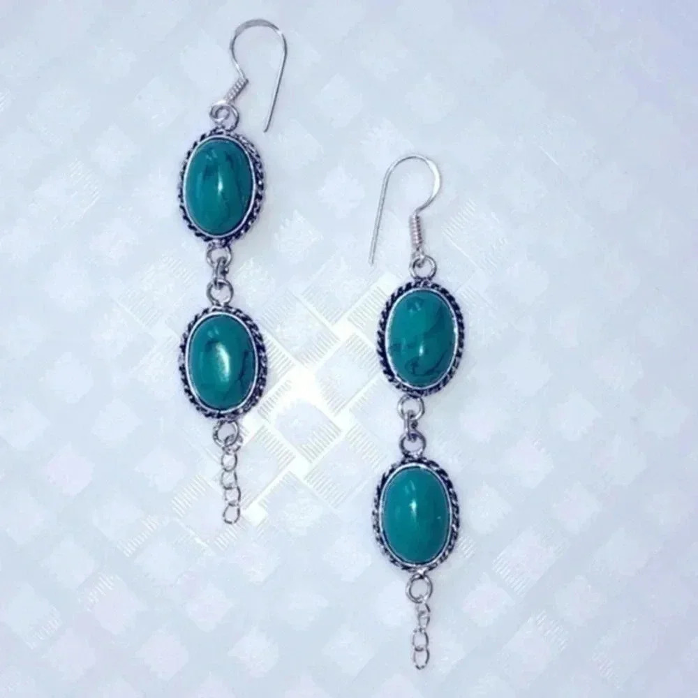 Long Tibetan Turquoise & 925 Sterling Silver Drop Earrings NWT